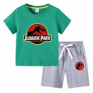 Костюм детский, футболка+шорты, принт "Парк юрского периода", цвет зеленый/серый