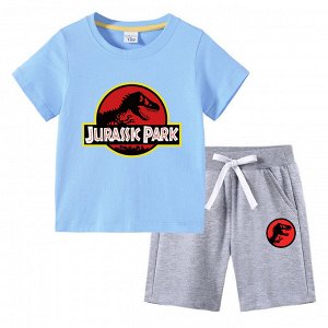 Костюм детский, футболка+шорты, принт "Парк юрского периода", цвет светло-голубой/серый