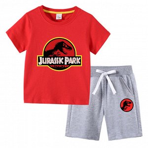 Костюм детский, футболка+шорты, принт "Парк юрского периода", цвет красный/серый