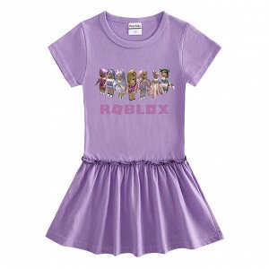 Платье для девочки, короткий рукав, принт "Роблокс", присборенная на талии юбочка, цвет светло-фиолетовый