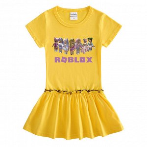 Платье для девочки, короткий рукав, принт "Роблокс", присборенная на талии юбочка, цвет желтый