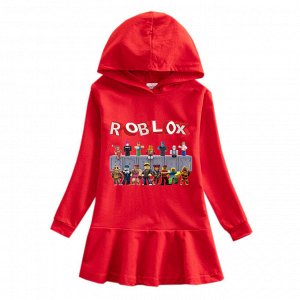 Платье для девочки, длинный рукав, принт  "Роблокс", с капюшоном, цвет красный
