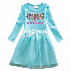 Платье для девочки, длинный рукав, принт "Роблокс",  с поясом, цвет голубой