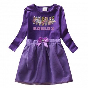 Платье для девочки, длинный рукав, принт "Роблокс",  с поясом, цвет фиолетовый