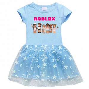 Платье для девочки, короткий рукав, принт "Роблокс", фатиновая юбочка, цвет светло-голубой