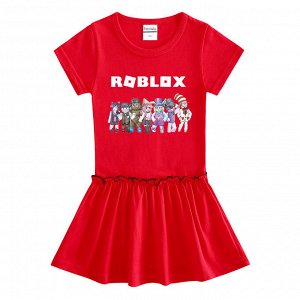 Платье для девочки, короткий рукав, принт "Роблокс", присборенная на талии юбочка, цвет красный