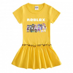 Платье для девочки, короткий рукав, принт "Роблокс", присборенная на талии юбочка, цвет желтый