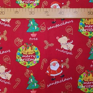Ткань из коллекции Подарки Санты: Санта и Рудольф. Красная