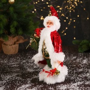 Дед Мороз "В блестящем костюмчике, с мешком и колокольчиками" 30 см, красно-зелёный