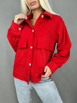 Рубашка Женская 9009 "Однотон-Большие Карманы"Красная