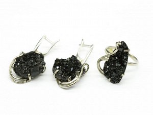 Кольцо и серьги меланит (черный гранат), размер-18,5