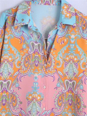 Женская блуза на пуговицах, длинный рукав, принт "Орнамент", разноцветная