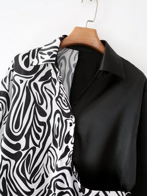 Женская блуза с неровным краем, длинный рукав, с принтом, цвет черный/белый