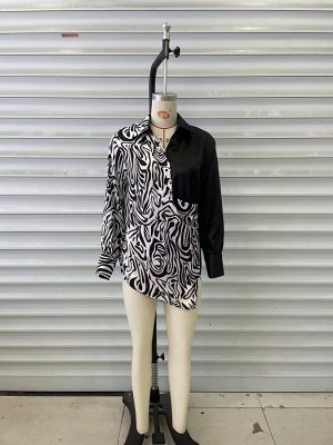 Женская блуза с неровным краем, длинный рукав, с принтом, цвет черный/белый