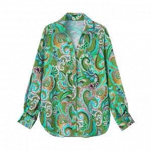 Женская блуза с длинным рукавом, принт "Узоры", цвет зеленый
