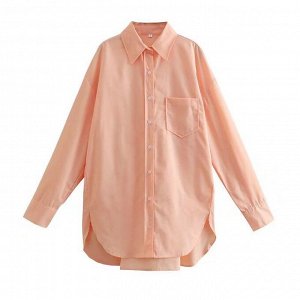 Женская удлиненная рубашка, с карманом, цвет персиковый