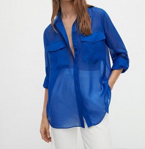Женская полупрозрачная блуза, с карманами, цвет синий