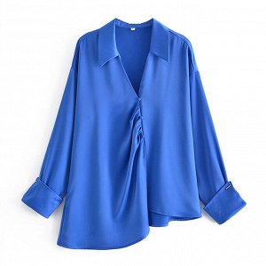 Женская блуза с неровным краем, длинный рукав, цвет синий