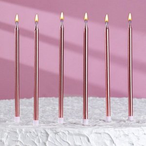 Свечи в торт "Ройс", 6 шт, высокие, 13 см, розовый металлик