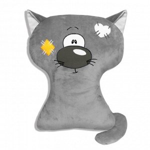Подушка-игрушка Кот с заплаткой 31х39см, серый, плюш, холофайбер