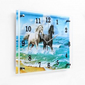 Часы настенные, серия: Животный мир, "Лошади в море", 30х40 см