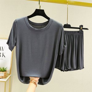Костюм для женщин (футболка с коротким рукавом, цвет темно-серый + шорты, цвет темно-серый)