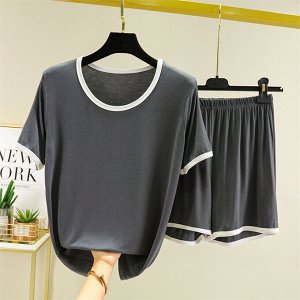 Костюм для женщин (футболка с коротким рукавом, цвет темно-серый + шорты, цвет темно-серый)