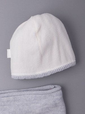 Шапка вязаная детская с помпоном, кожаная нашивка HI, лапша + снуд, серый меланж