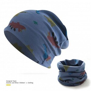 Детская шапка-снуд и снуд, принт «Динозавры», цвет синий