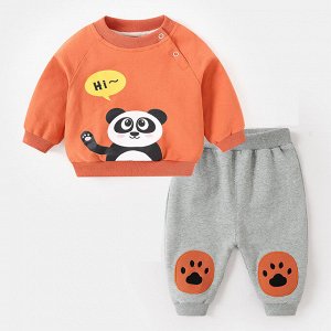 Детский костюм: свитшот + брюки, принт "панда", цвет оранжевый/светло-серый