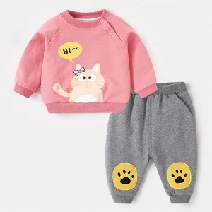 Детский костюм: свитшот + брюки, принт "котенок", цвет розовый/серый