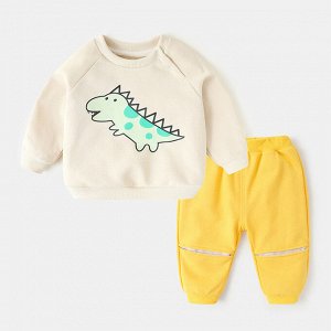 Детский костюм: свитшот, принт "динозавр", цвет бежевый + брюки, цвет желтый
