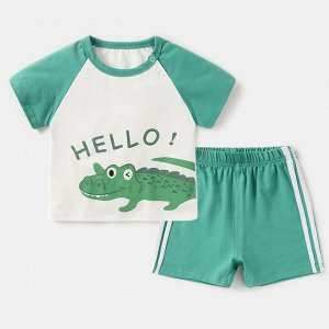 Детский костюм: футболка, принт "крокодил", цвет белый + шорты, цвет зеленый