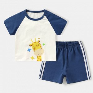 Детский костюм: футболка, принт "жираф", цвет белый + шорты, цвет синий