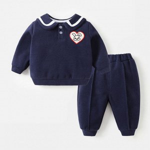 Детский костюм: кофта, принт "сердечко" + брюки, цвет темно-синий