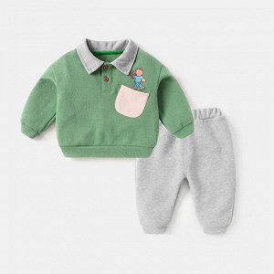 Детский костюм: кофта, принт "мишка", цвет зеленый + брюки, цвет серый