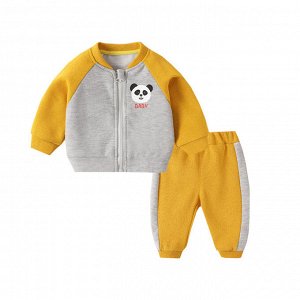 Детский костюм: кофта на молнии, принт "панда" + брюки, цвет желтый/серый