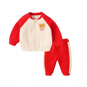 Детский костюм: кофта на молнии, принт "мишка" + брюки, цвет красный/абрикос