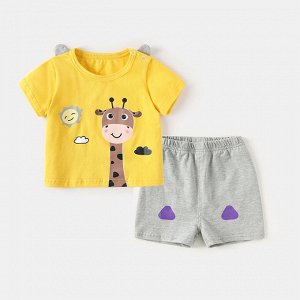 Детский костюм: футболка, принт "жираф", цвет желтый + шорты, цвет серый