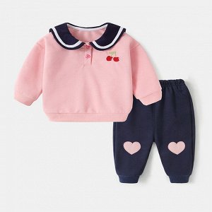 Детский костюм: кофта с воротничком, принт "вишни", цвет розовый + брюки, цвет синий