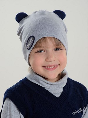 Двухслойная шапочка из эластичного трикотажа для мальчика до 5 лет.  Модель с вшитыми ушками. Декорирована шевроном.