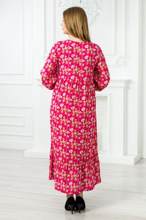 Платье женское из штапеля Розалия цветы на малиновом