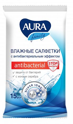 "AURA" Влажные салфетки с антибактериальным эффектом FAMILY 15 шт. КК /36