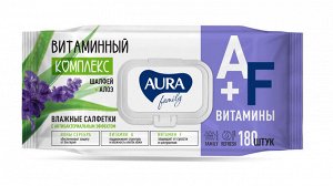 AURA FAMILY Влажные салфетки с антибактериальным эффектом big-pack с крышкой 180шт КК/12