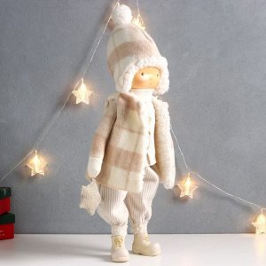 Кукла интерьерная "Мальчик в клетчатом пальто и шапке со звёздочкой" 22х14х57 см