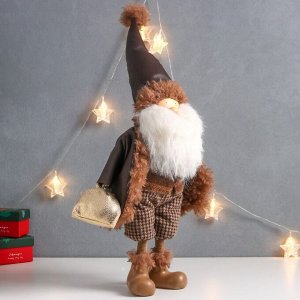 Кукла интерьерная "Дед Мороз в коричневой шубке с мешком подарков" 27х14х62 см