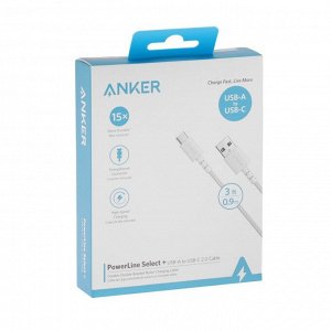 Кабель Anker A8022, Type-C - USB, 2 А, 0.9м, зарядка + передача данных, белый