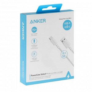 Кабель Anker A8023, Type-C - USB, 3 А, 18Вт, 1.8м, зарядка + передача данных, нейлон, черный