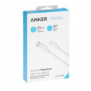 Кабель Anker A8163, Type-C - USB, 3 А, 60 Вт, 0.9м, зарядка + передача данных, белый