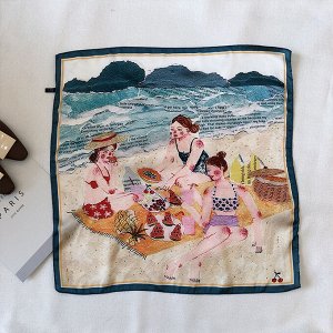 Женский шелковый платок, принт "девушки на пляже", цвет светло-коричневый/синий/оранжевый с синей окантовкой